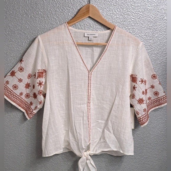 NWT Boho Calligraphie Cream Blouse With Front Tie Size S - Picture 10 of 13